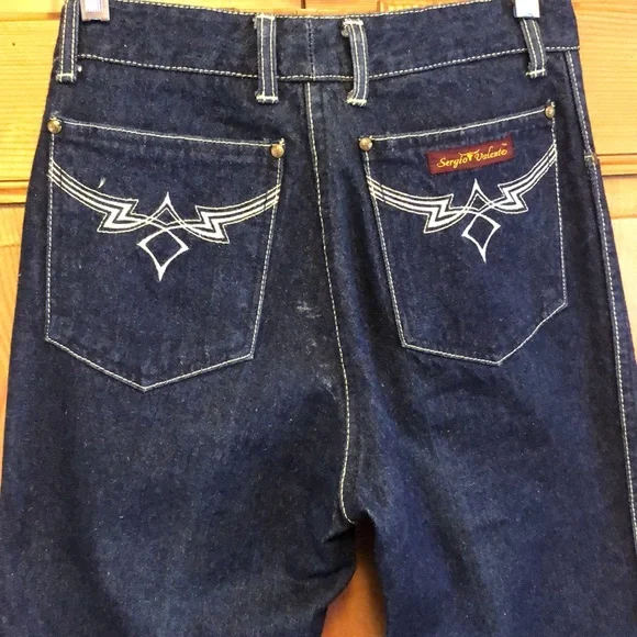 Sergio Valente VTG Mid 70s Dark Indigo Wash High Waist Jeans contrast Stitching - Picture 5 of 9
